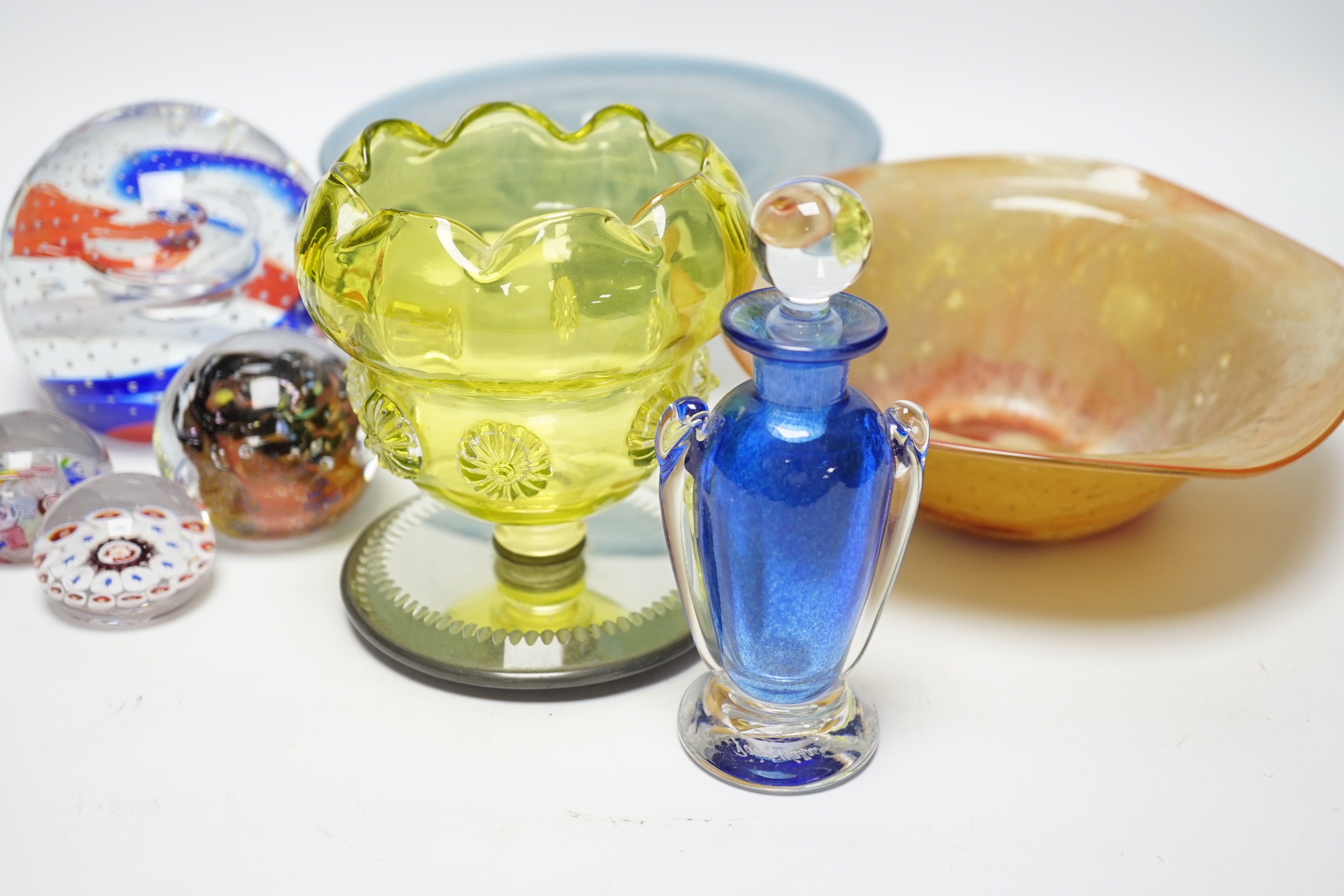 A group of mixed studio glass and a collection of four paperweights including one large Caithness